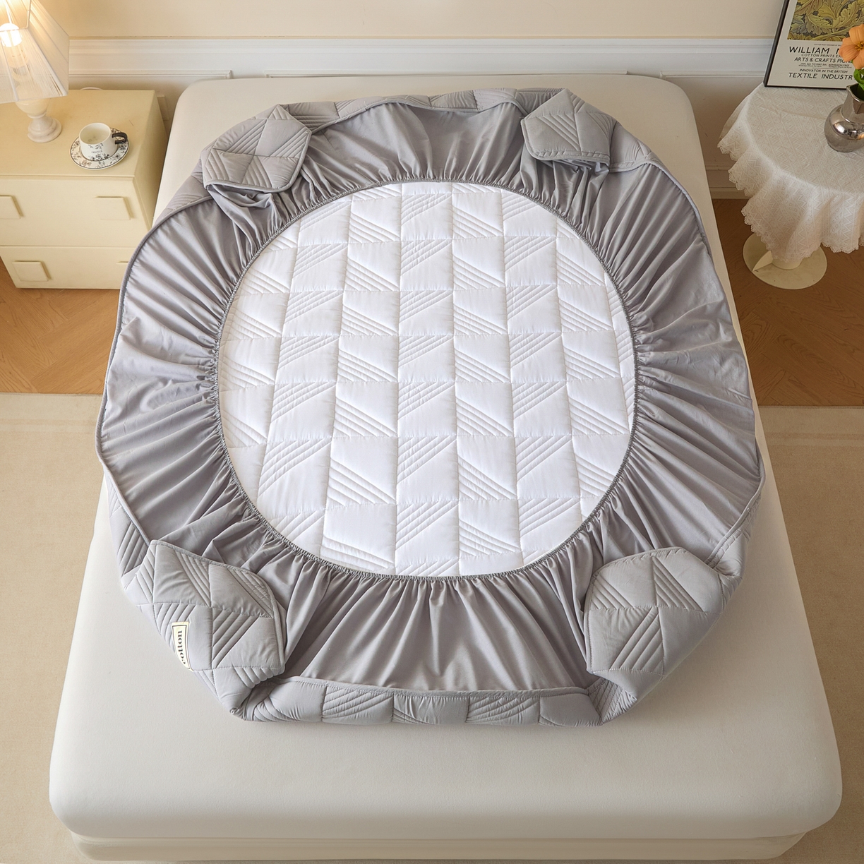 91家纺网 家纺一手货源 找家纺 芬晴家纺 2026新款全棉纯棉夹棉棉花床笠单床笠-方纹系列 方纹-星灰