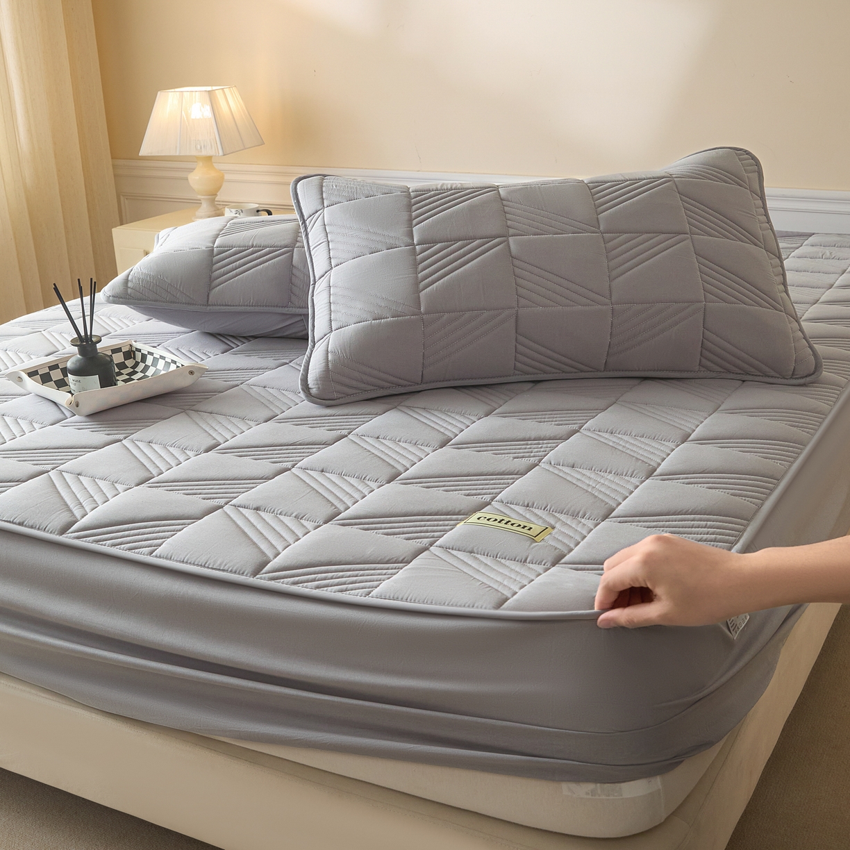 91家纺网 家纺一手货源 找家纺 芬晴家纺 2026新款全棉纯棉夹棉棉花床笠单床笠-方纹系列 方纹-星灰