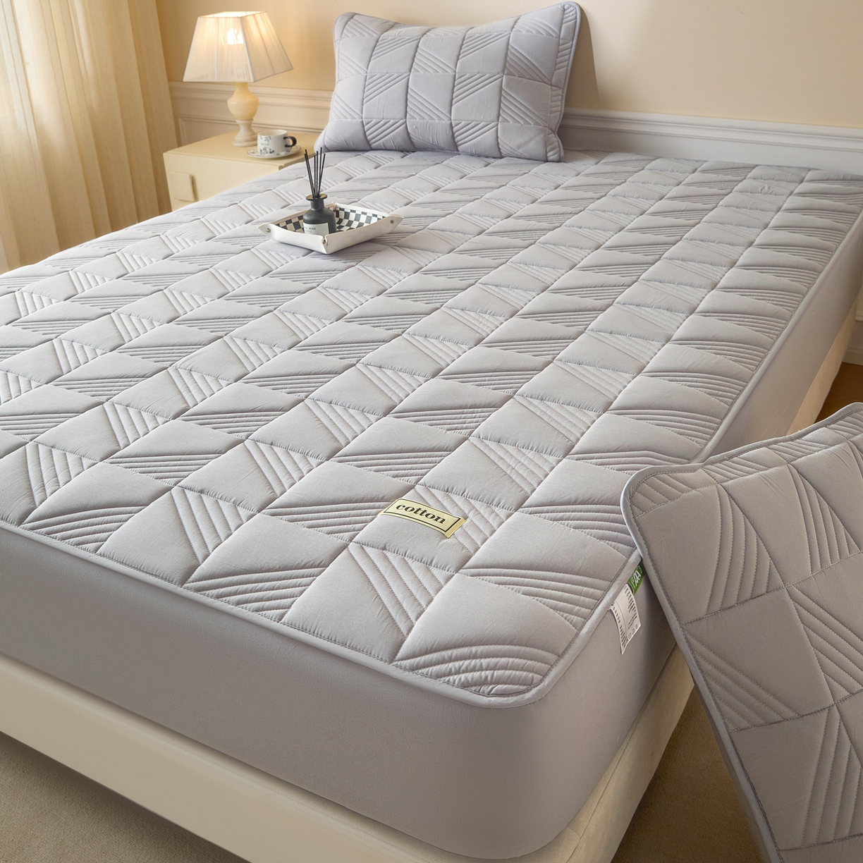 91家纺网 家纺一手货源 找家纺 芬晴家纺 2026新款全棉纯棉夹棉棉花床笠单床笠-方纹系列 方纹-星灰