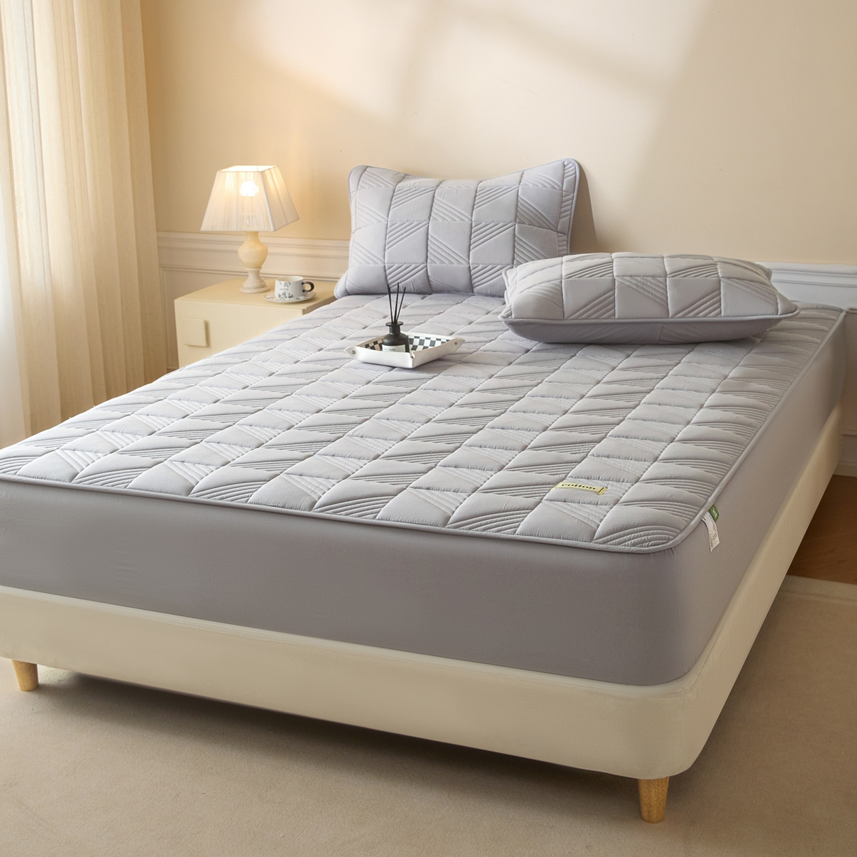 91家纺网 家纺一手货源 找家纺 芬晴家纺 2026新款全棉纯棉夹棉棉花床笠单床笠-方纹系列 方纹-星灰