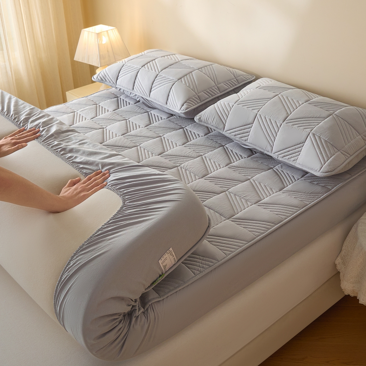 91家纺网 家纺一手货源 找家纺 芬晴家纺 2026新款全棉纯棉夹棉棉花床笠单床笠-方纹系列 方纹-星灰