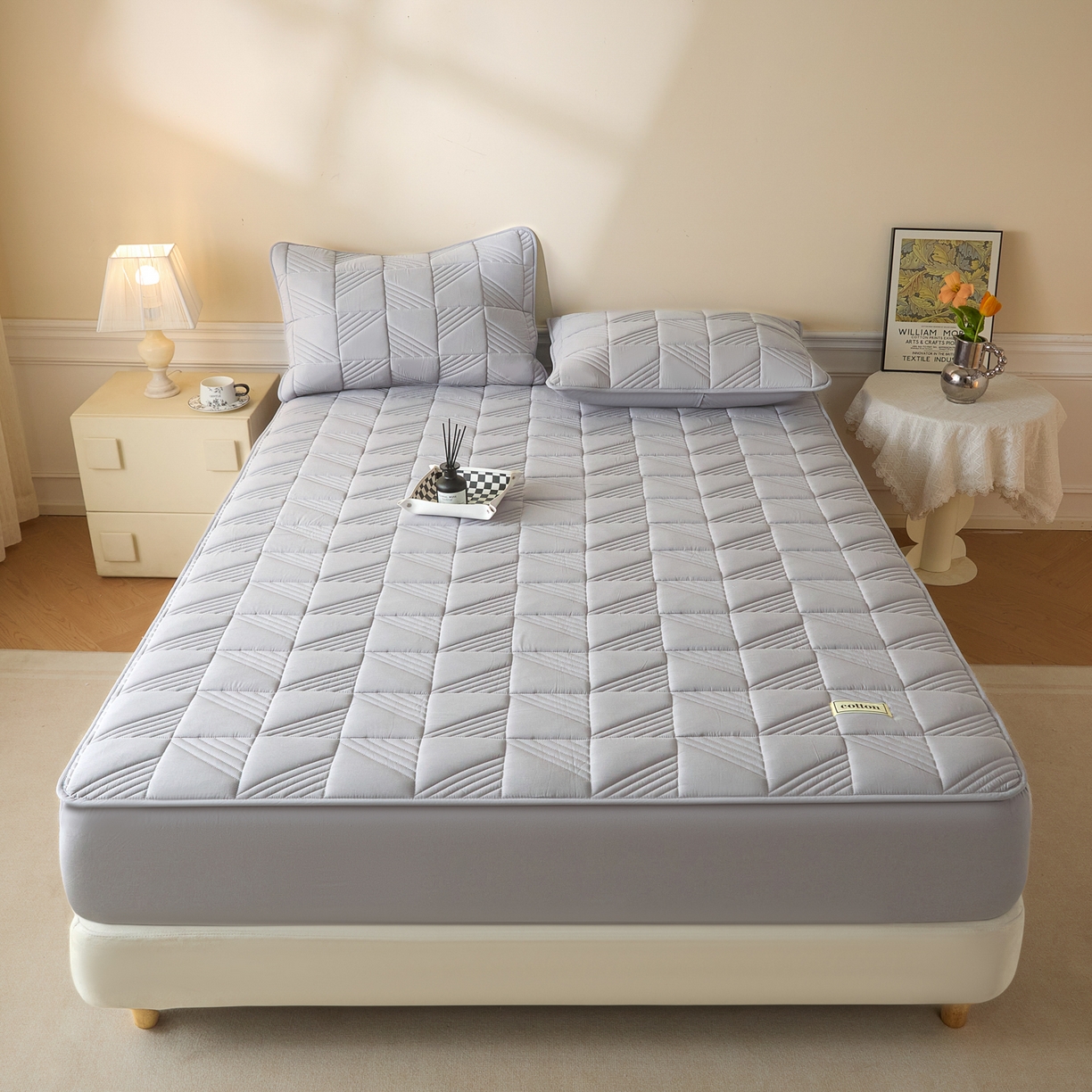 91家纺网 家纺一手货源 找家纺 芬晴家纺 2026新款全棉纯棉夹棉棉花床笠单床笠-方纹系列 方纹-星灰