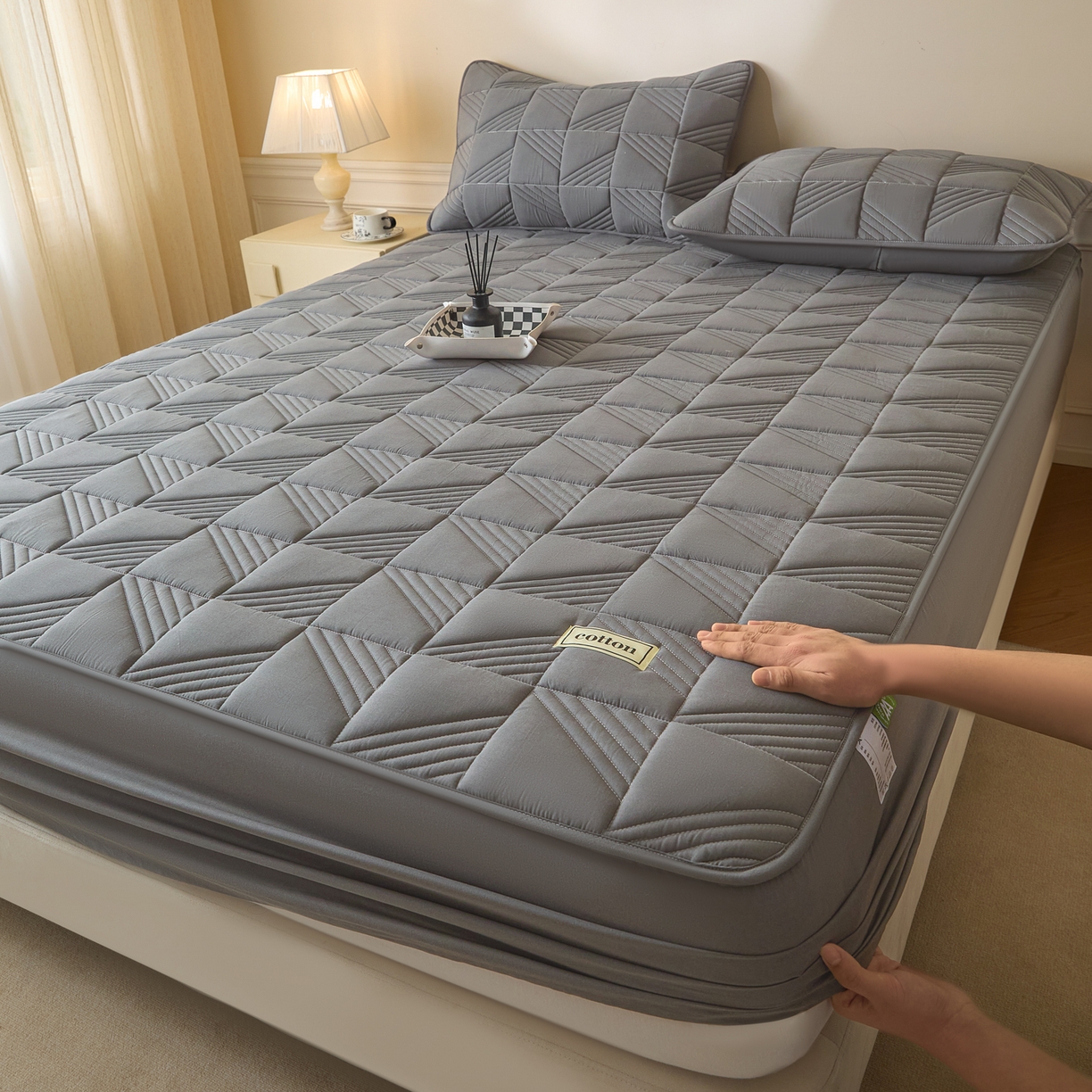 芬晴家纺 2026新款全棉纯棉夹棉棉花床笠单床笠-方纹系列 方纹-岩灰