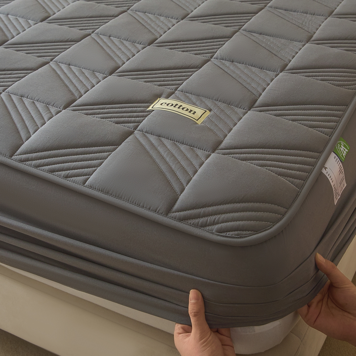 91家纺网 家纺一手货源 找家纺 芬晴家纺 2026新款全棉纯棉夹棉棉花床笠单床笠-方纹系列 方纹-岩灰