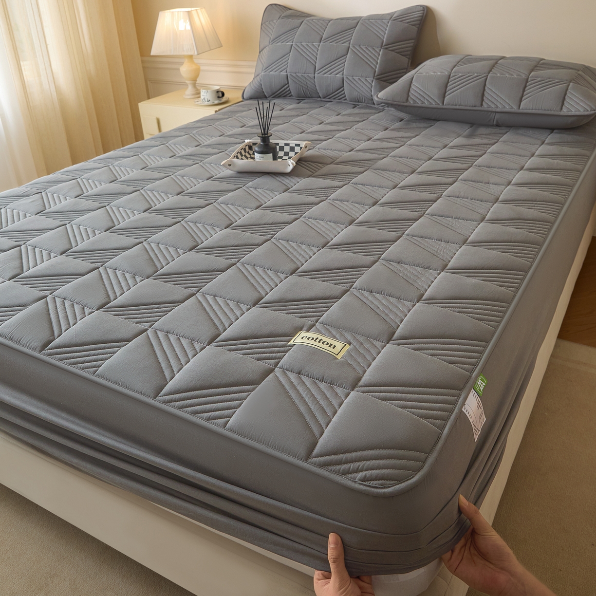 91家纺网 家纺一手货源 找家纺 芬晴家纺 2026新款全棉纯棉夹棉棉花床笠单床笠-方纹系列 方纹-岩灰