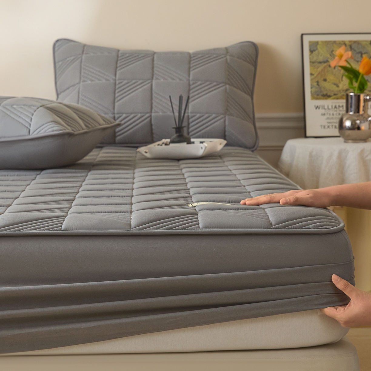 91家纺网 家纺一手货源 找家纺 芬晴家纺 2026新款全棉纯棉夹棉棉花床笠单床笠-方纹系列 方纹-岩灰