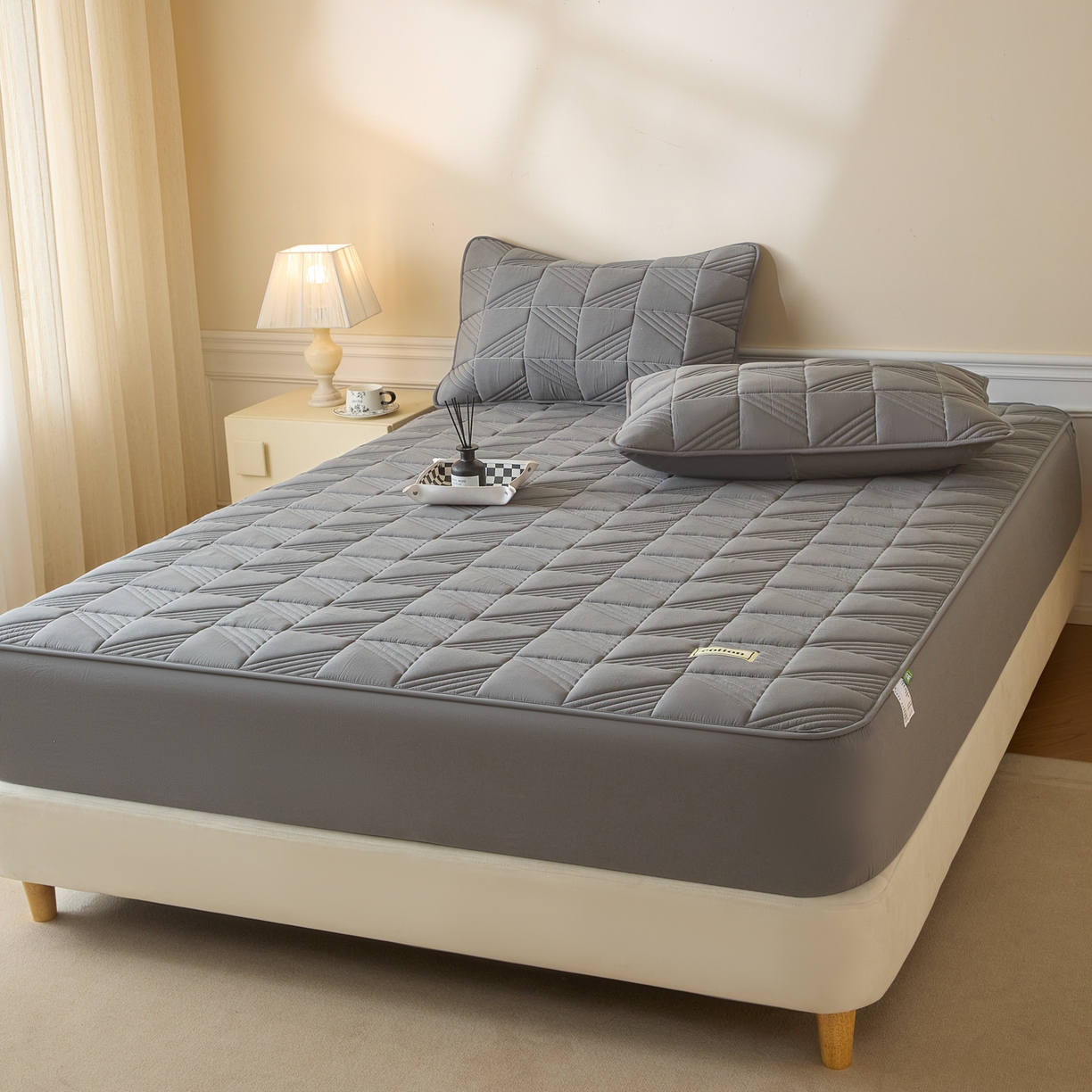 91家纺网 家纺一手货源 找家纺 芬晴家纺 2026新款全棉纯棉夹棉棉花床笠单床笠-方纹系列 方纹-岩灰