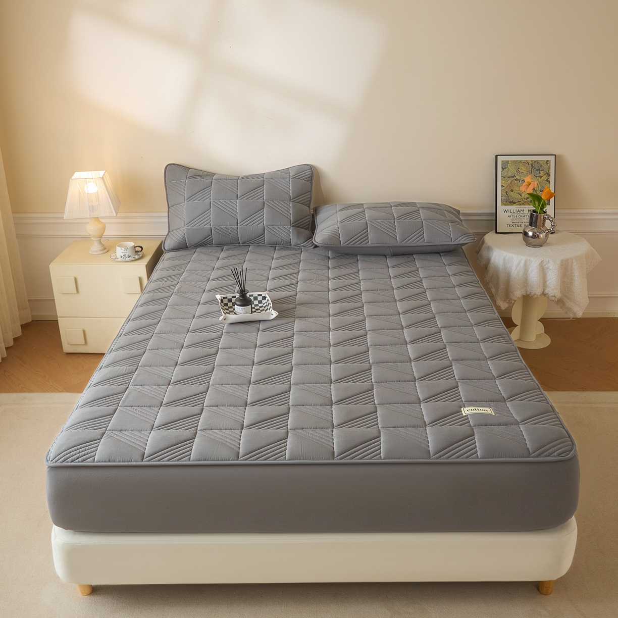 91家纺网 家纺一手货源 找家纺 芬晴家纺 2026新款全棉纯棉夹棉棉花床笠单床笠-方纹系列 方纹-岩灰