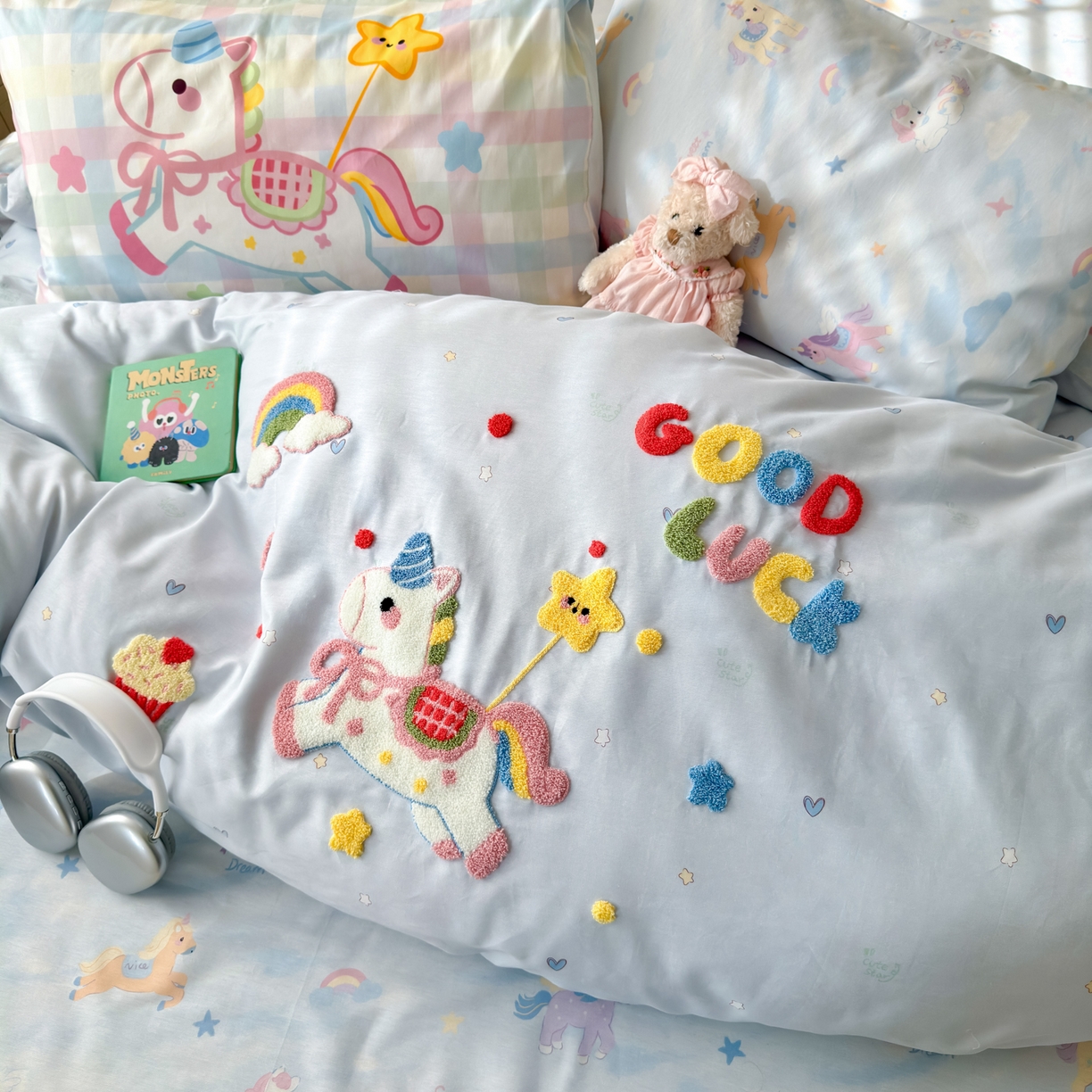 91家纺网 家纺一手货源 找家纺 女子家纺 2026新款13370纯棉毛巾绣呆萌系列四件套第一波 马上有钱 -蓝