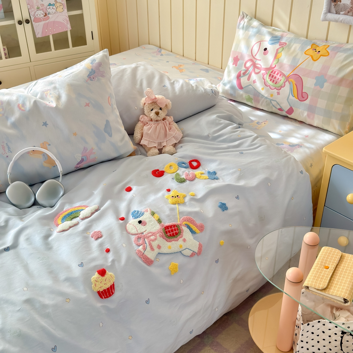 91家纺网 家纺一手货源 找家纺 女子家纺 2026新款13370纯棉毛巾绣呆萌系列四件套第一波 马上有钱 -蓝