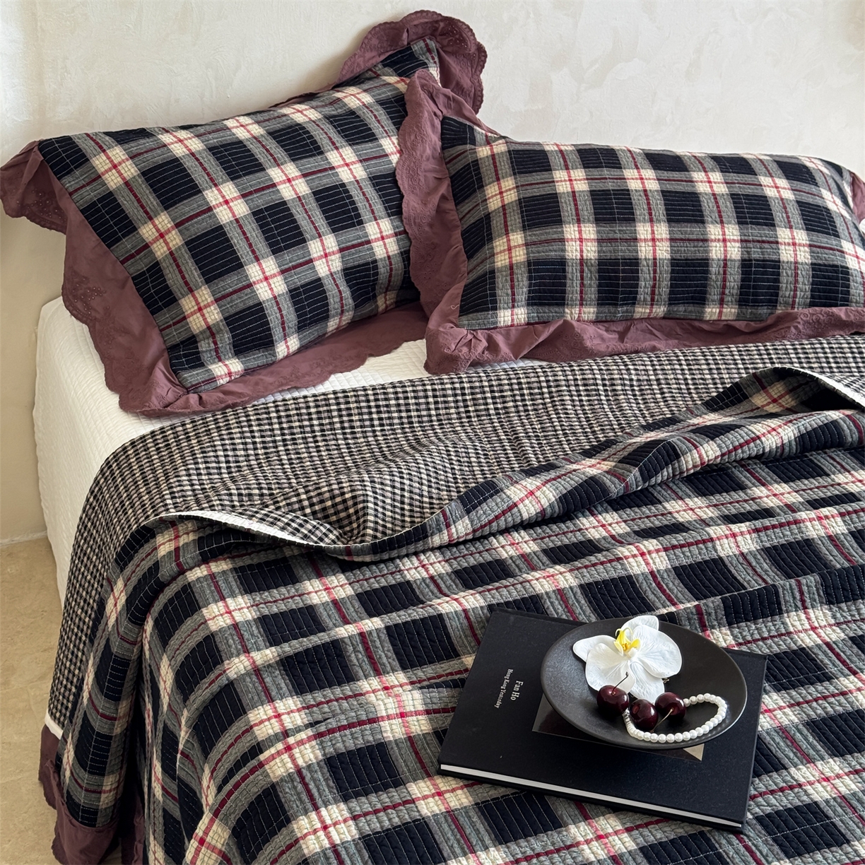 91家纺网 家纺一手货源 找家纺 床盖工厂店 2025新款双面全棉纯棉填充棉花花边款床盖三件套芸素 芸素 黑格