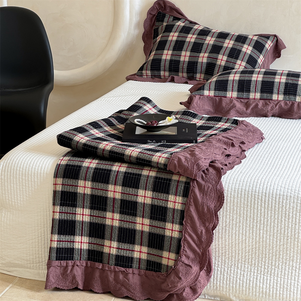 床盖工厂店 2025新款双面全棉纯棉填充棉花花边款床盖三件套芸素 芸素 黑格