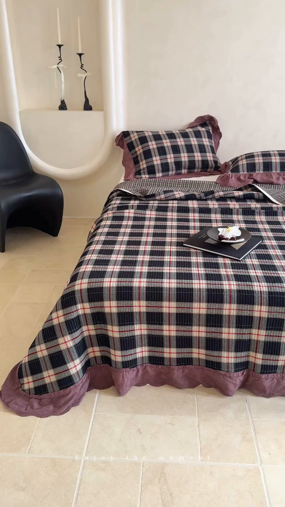 91家纺网 家纺一手货源 找家纺 床盖工厂店 2025新款双面全棉纯棉填充棉花花边款床盖三件套芸素 芸素 黑格