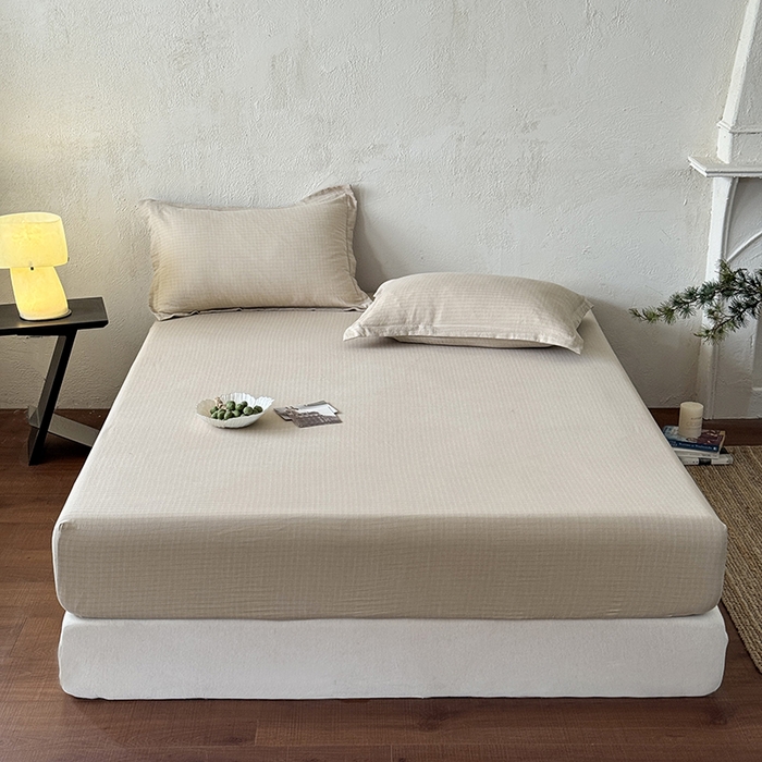 91家纺网 家纺一手货源 找家纺 法芙娜家纺 2026新款全棉色织提花床笠 米驼