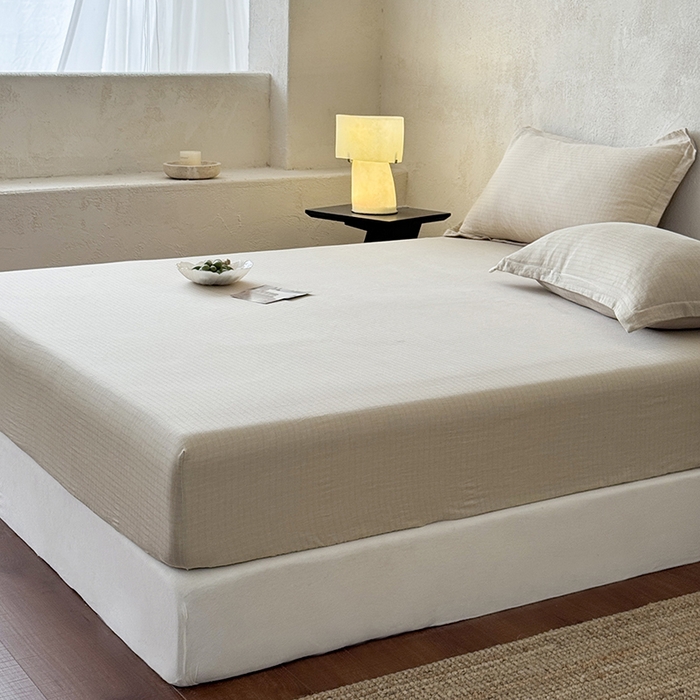 91家纺网 家纺一手货源 找家纺 法芙娜家纺 2026新款全棉色织提花床笠 米驼