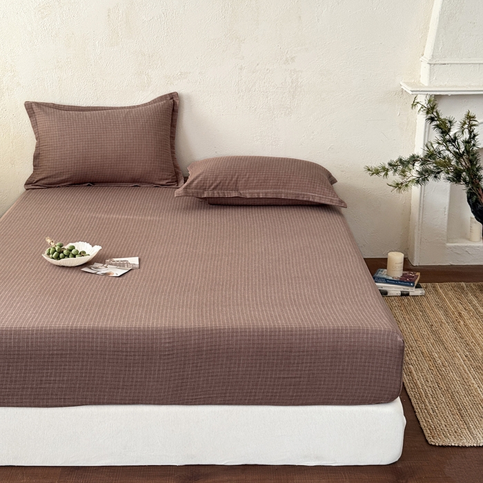 91家纺网 家纺一手货源 找家纺 法芙娜家纺 2026新款全棉色织提花床笠 浅咖