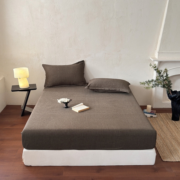 91家纺网 家纺一手货源 找家纺 法芙娜家纺 2026新款全棉色织提花床笠 深咖