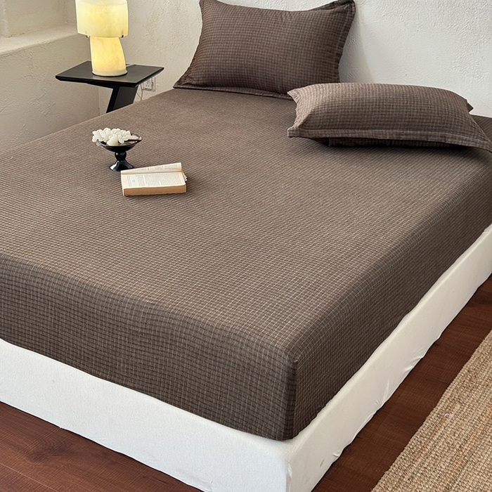 91家纺网 家纺一手货源 找家纺 法芙娜家纺 2026新款全棉色织提花床笠 深咖