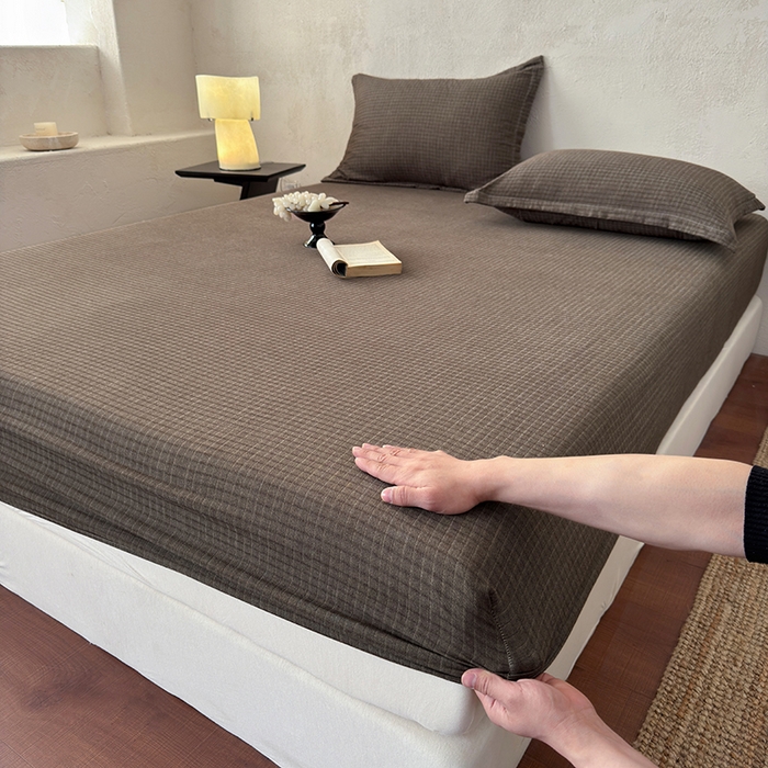 91家纺网 家纺一手货源 找家纺 法芙娜家纺 2026新款全棉色织提花床笠 深咖