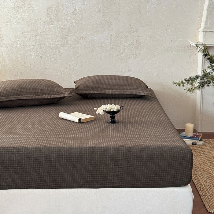 91家纺网 家纺一手货源 找家纺 法芙娜家纺 2026新款全棉色织提花床笠 深咖