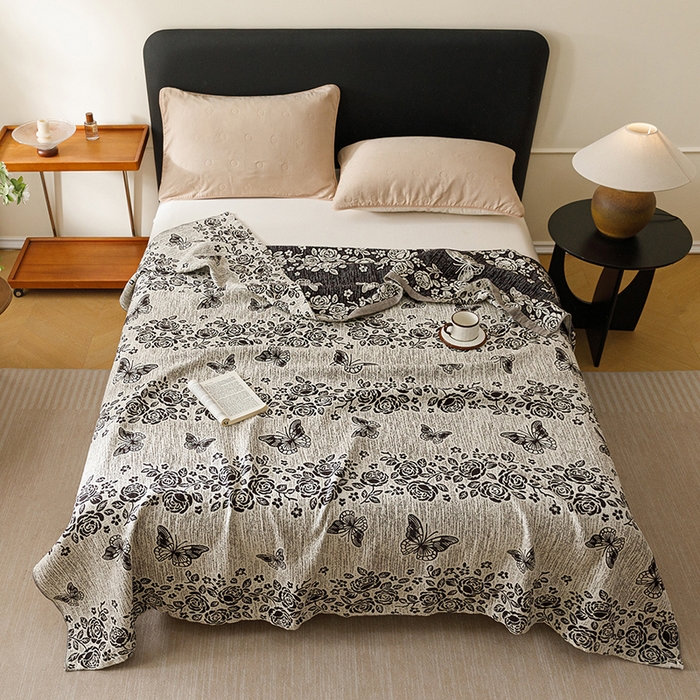 91家纺网 家纺一手货源 找家纺 悦然毛巾被 2026新款美拉德色织提花全棉纯棉纱布毛巾被夏被夏凉被空调被 花影蝶梦