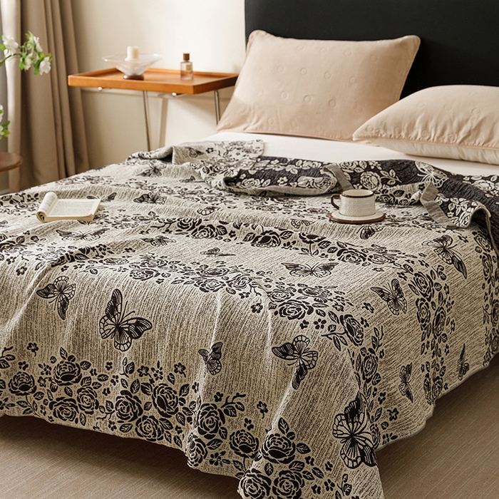 91家纺网 家纺一手货源 找家纺 悦然毛巾被 2026新款美拉德色织提花全棉纯棉纱布毛巾被夏被夏凉被空调被 花影蝶梦