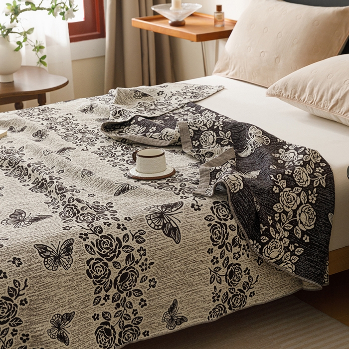 91家纺网 家纺一手货源 找家纺 悦然毛巾被 2026新款美拉德色织提花全棉纯棉纱布毛巾被夏被夏凉被空调被 花影蝶梦