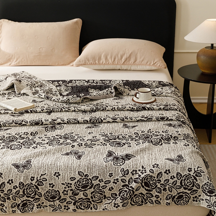 91家纺网 家纺一手货源 找家纺 悦然毛巾被 2026新款美拉德色织提花全棉纯棉纱布毛巾被夏被夏凉被空调被 花影蝶梦