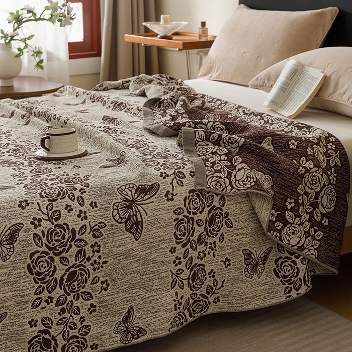 91家纺网 家纺一手货源 找家纺 悦然毛巾被 2026新款美拉德色织提花全棉纯棉纱布毛巾被夏被夏凉被空调被 花影蝶梦棕