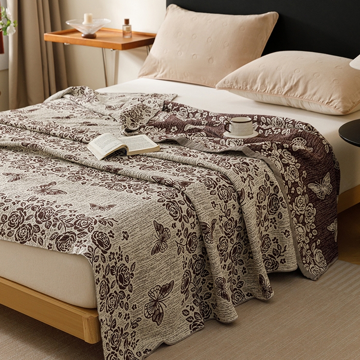 91家纺网 家纺一手货源 找家纺 悦然毛巾被 2026新款美拉德色织提花全棉纯棉纱布毛巾被夏被夏凉被空调被 花影蝶梦棕