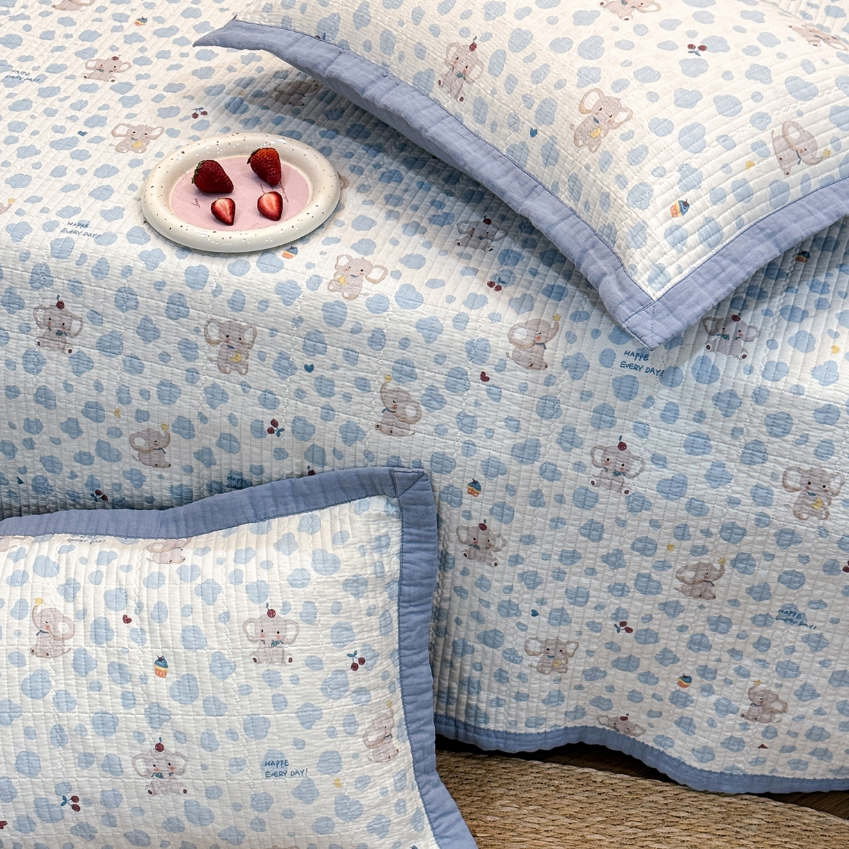 91家纺网 家纺一手货源 找家纺 床盖工厂店 2026新款全棉卡通纱布床盖三件套 斑点象 兰