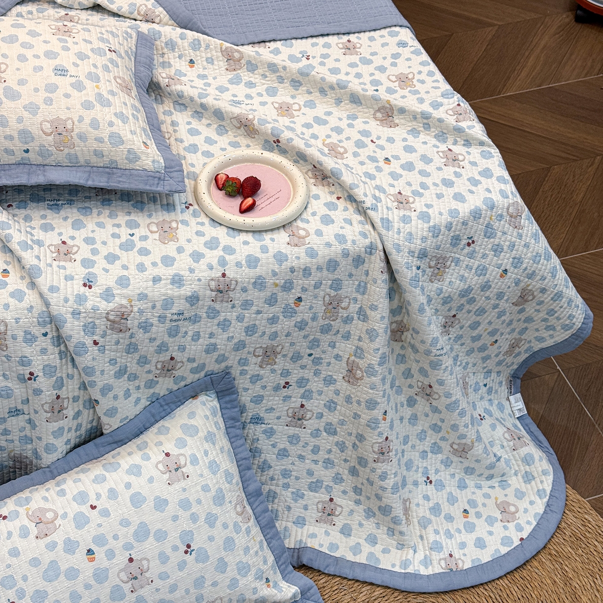 91家纺网 家纺一手货源 找家纺 床盖工厂店 2026新款全棉卡通纱布床盖三件套 斑点象 兰