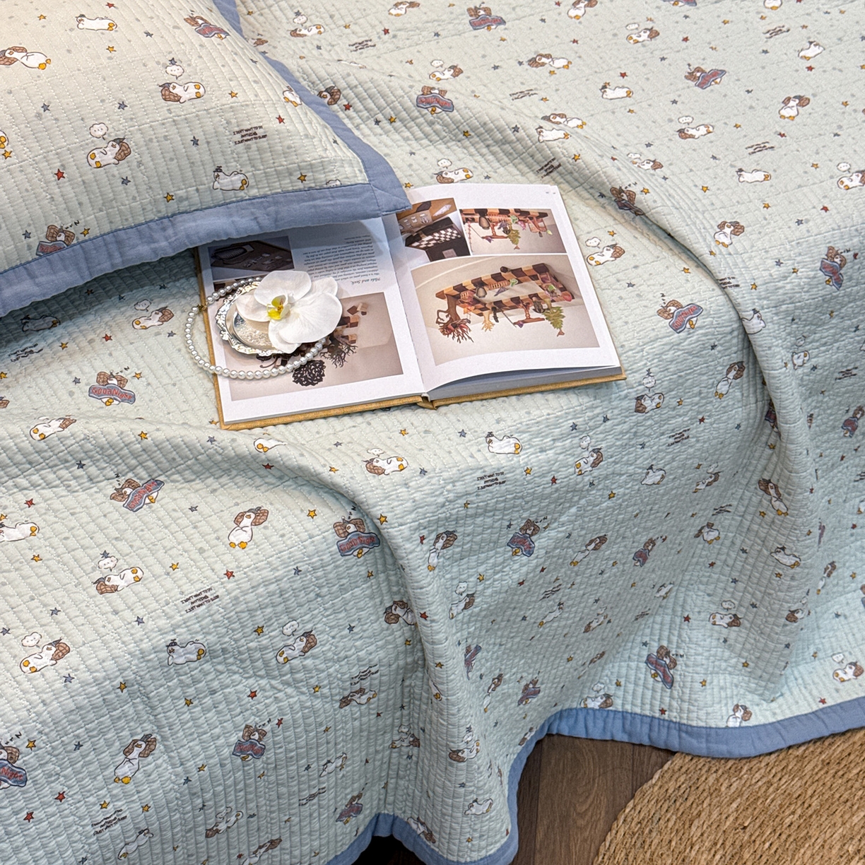 91家纺网 家纺一手货源 找家纺 床盖工厂店 2026新款全棉卡通纱布床盖三件套 趣梦鹅 绿