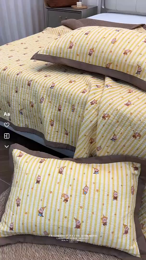 91家纺网 家纺一手货源 找家纺 床盖工厂店 2026新款全棉卡通纱布床盖三件套 萌星 黄