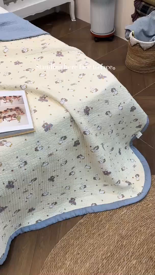 91家纺网 家纺一手货源 找家纺 床盖工厂店 2026新款全棉卡通纱布床盖三件套 趣梦鹅 黄