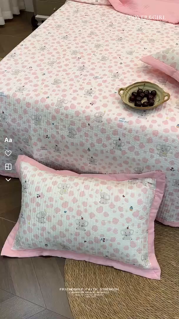 91家纺网 家纺一手货源 找家纺 床盖工厂店 2026新款全棉卡通纱布床盖三件套 斑点象 粉