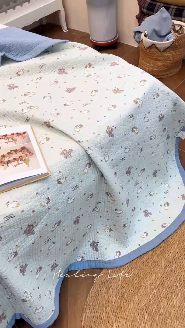 91家纺网 家纺一手货源 找家纺 床盖工厂店 2026新款全棉卡通纱布床盖三件套 趣梦鹅 绿