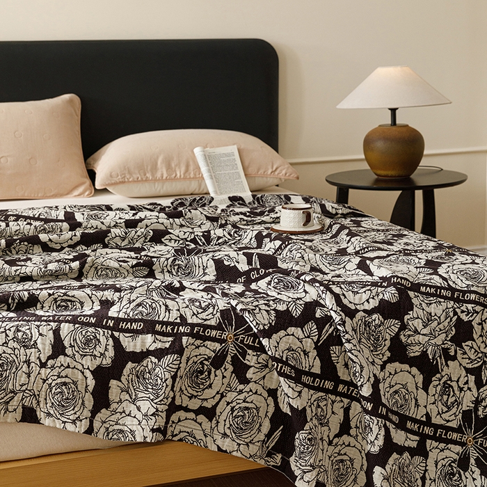 91家纺网 家纺一手货源 找家纺 悦然毛巾被 2026新款美拉德色织提花全棉纯棉纱布毛巾被夏被夏凉被空调被 夜宴玫瑰