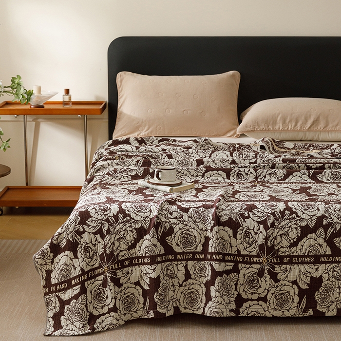 91家纺网 家纺一手货源 找家纺 悦然毛巾被 2026新款美拉德色织提花全棉纯棉纱布毛巾被夏被夏凉被空调被 夜宴玫瑰棕