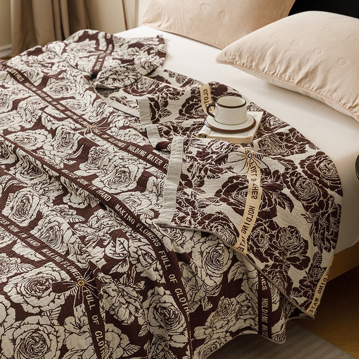 91家纺网 家纺一手货源 找家纺 悦然毛巾被 2026新款美拉德色织提花全棉纯棉纱布毛巾被夏被夏凉被空调被 夜宴玫瑰棕