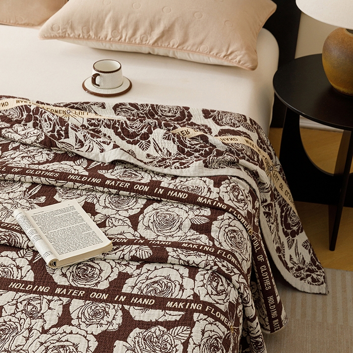 91家纺网 家纺一手货源 找家纺 悦然毛巾被 2026新款美拉德色织提花全棉纯棉纱布毛巾被夏被夏凉被空调被 夜宴玫瑰棕