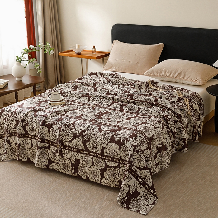 91家纺网 家纺一手货源 找家纺 悦然毛巾被 2026新款美拉德色织提花全棉纯棉纱布毛巾被夏被夏凉被空调被 夜宴玫瑰棕