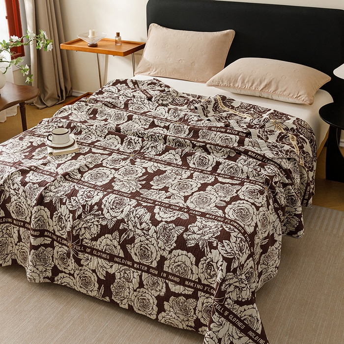 91家纺网 家纺一手货源 找家纺 悦然毛巾被 2026新款美拉德色织提花全棉纯棉纱布毛巾被夏被夏凉被空调被 夜宴玫瑰棕