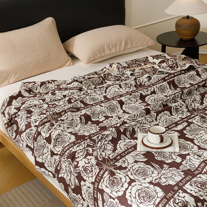 91家纺网 家纺一手货源 找家纺 悦然毛巾被 2026新款美拉德色织提花全棉纯棉纱布毛巾被夏被夏凉被空调被 夜宴玫瑰棕