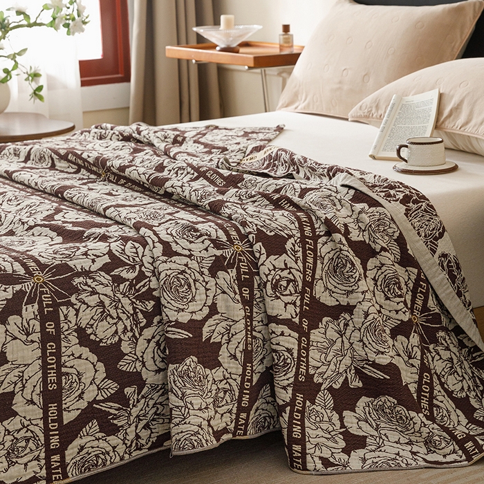 91家纺网 家纺一手货源 找家纺 悦然毛巾被 2026新款美拉德色织提花全棉纯棉纱布毛巾被夏被夏凉被空调被 夜宴玫瑰棕