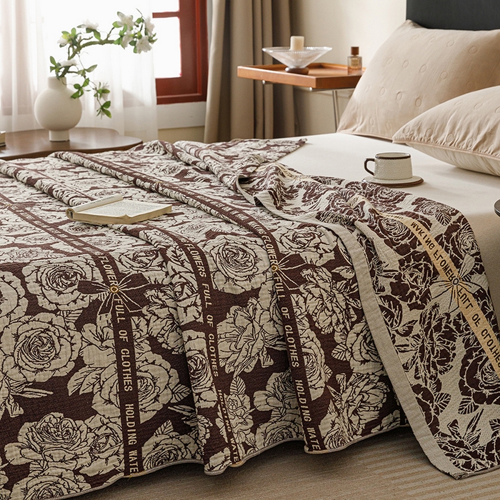 91家纺网 家纺一手货源 找家纺 悦然毛巾被 2026新款美拉德色织提花全棉纯棉纱布毛巾被夏被夏凉被空调被 夜宴玫瑰棕