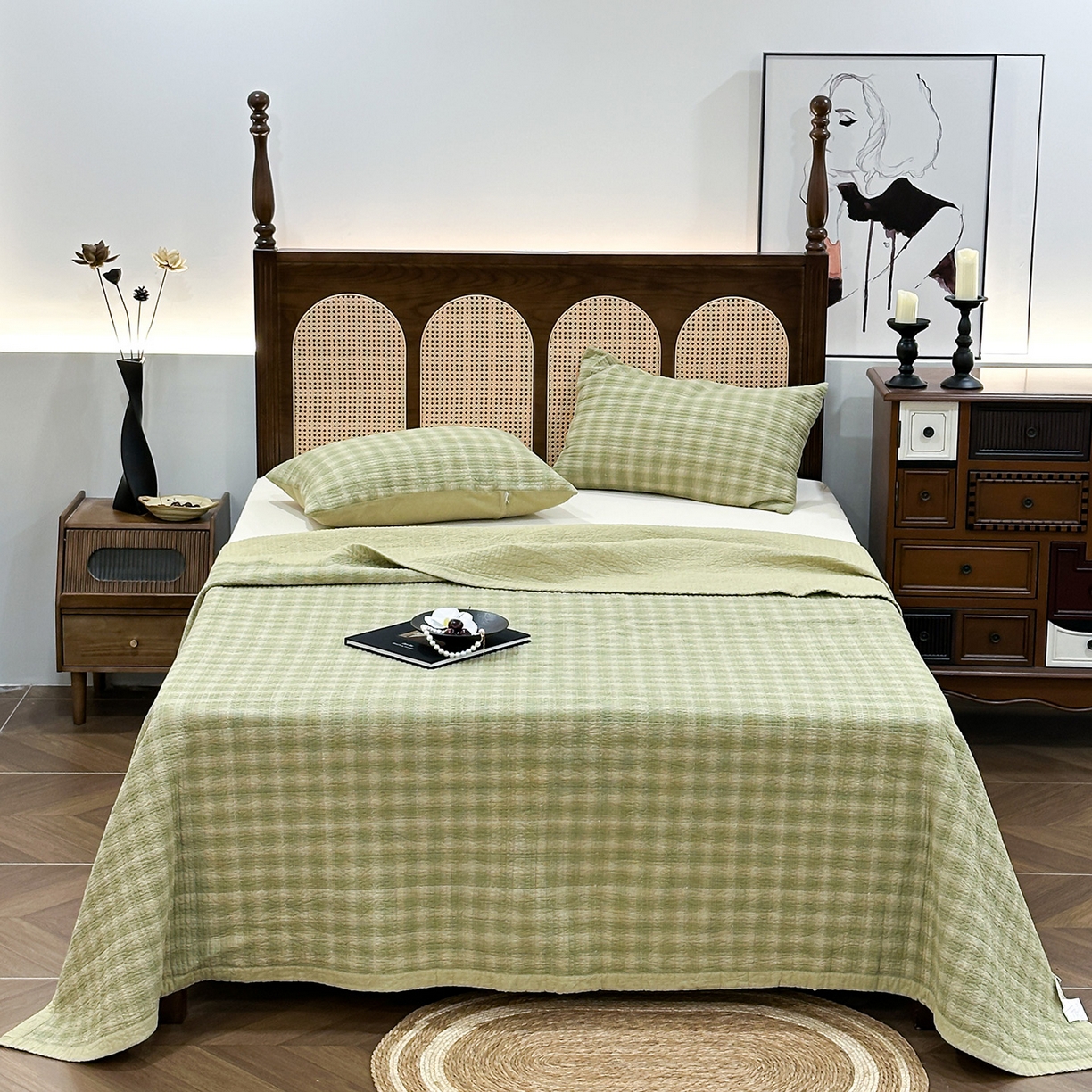 91家纺网 家纺一手货源 找家纺 床盖工厂店 2026新款双面水洗全棉填充棉花床盖三件套-欧瑞系列 欧瑞-绿