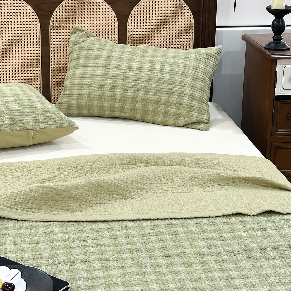 91家纺网 家纺一手货源 找家纺 床盖工厂店 2026新款双面水洗全棉填充棉花床盖三件套-欧瑞系列 欧瑞-绿