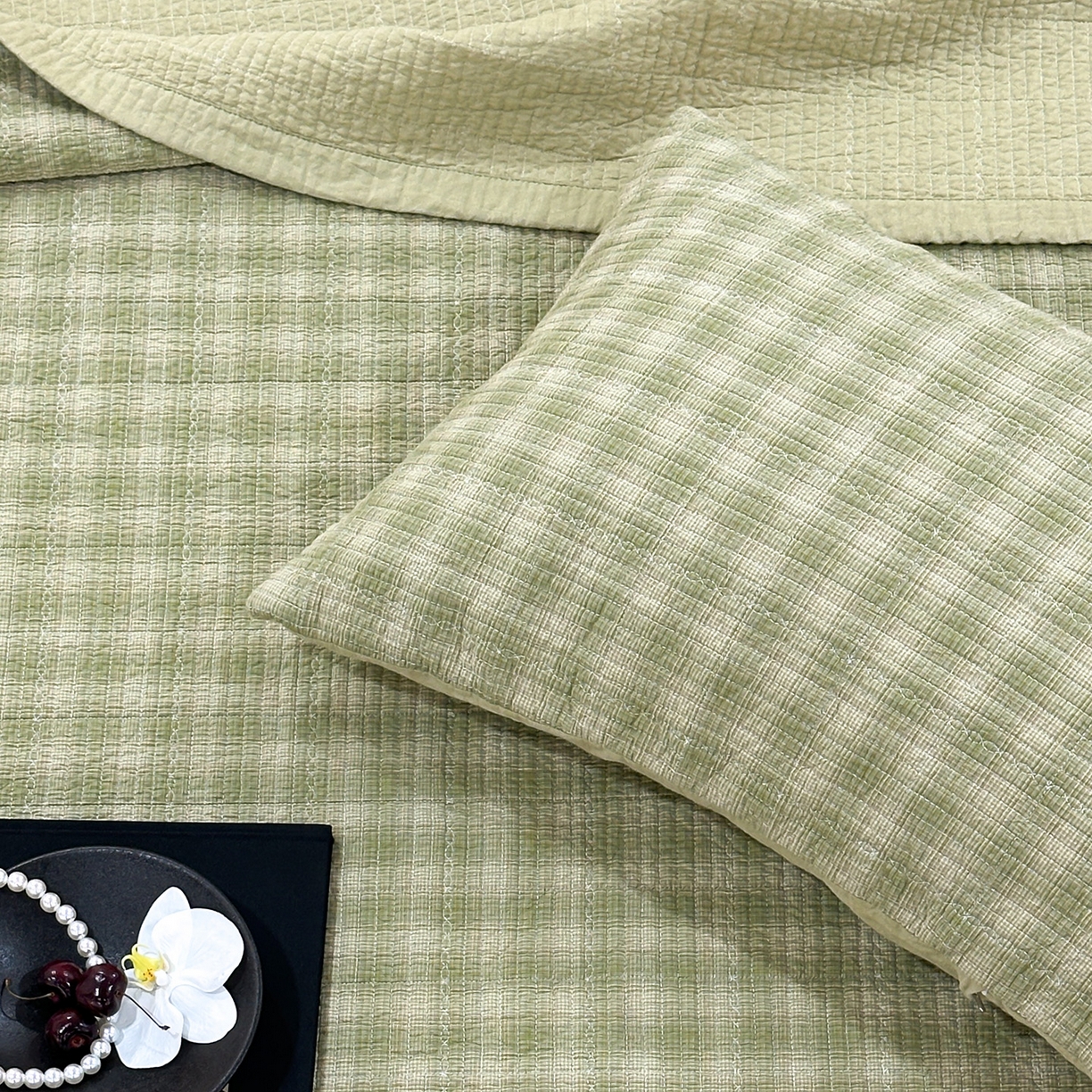 91家纺网 家纺一手货源 找家纺 床盖工厂店 2026新款双面水洗全棉填充棉花床盖三件套-欧瑞系列 欧瑞-绿