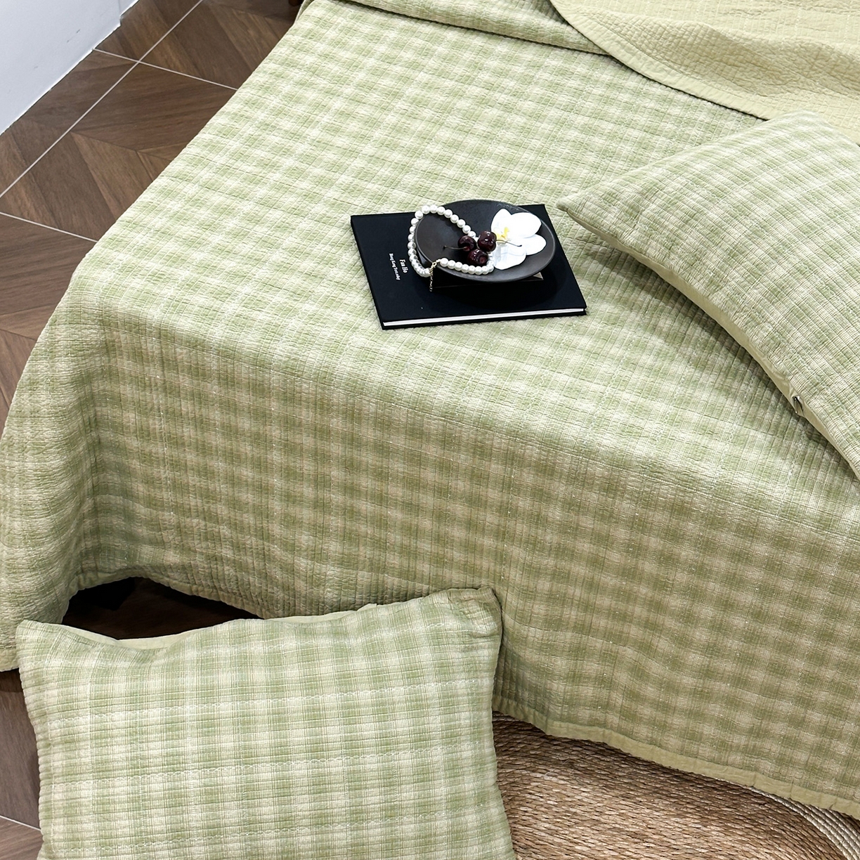 91家纺网 家纺一手货源 找家纺 床盖工厂店 2026新款双面水洗全棉填充棉花床盖三件套-欧瑞系列 欧瑞-绿